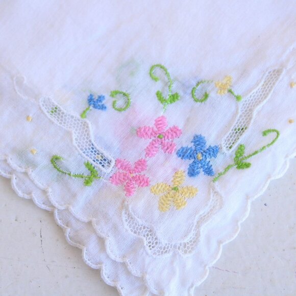 Vintage Handkerchief, Pink Blue and Yellow Flower Embroidery on White Cotton - Picture 2 of 10